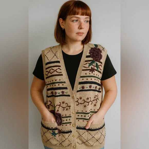 Napa Valley Tan Floral Embroidered Knit Sweater Vest Boho Grannycore Indie Large - Picture 1 of 10